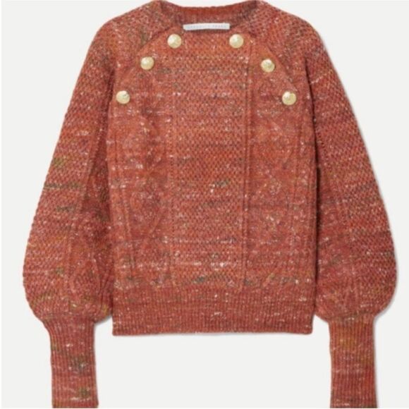 $550 Veronica Beard Adelaida Gold Button Orange Rust Balloon Sleeve sweater - Picture 6 of 12
